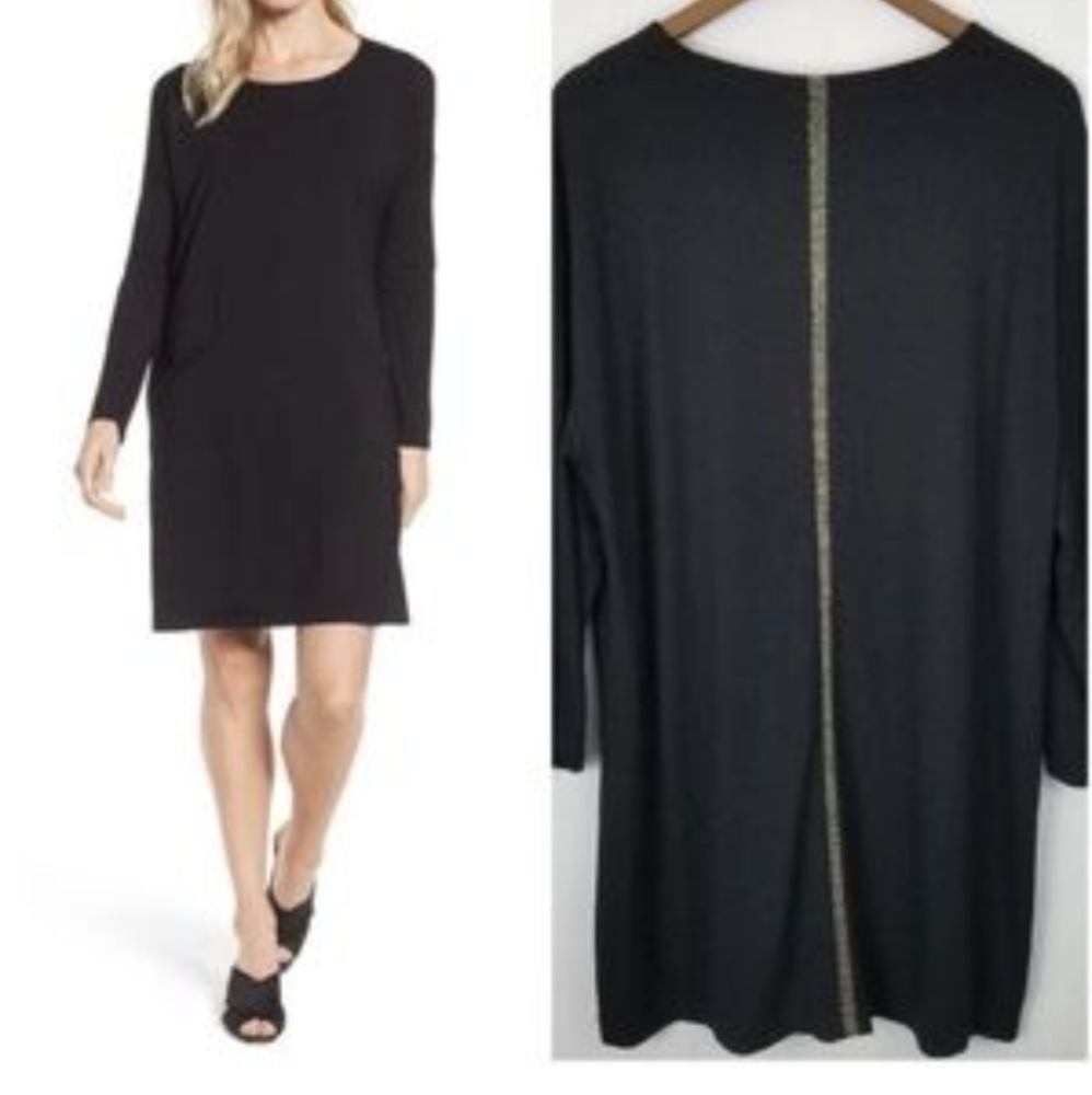 EILEEN FISHER Black Shift Dress- Back Metallic Gold Stripe‎ Detail Size XS